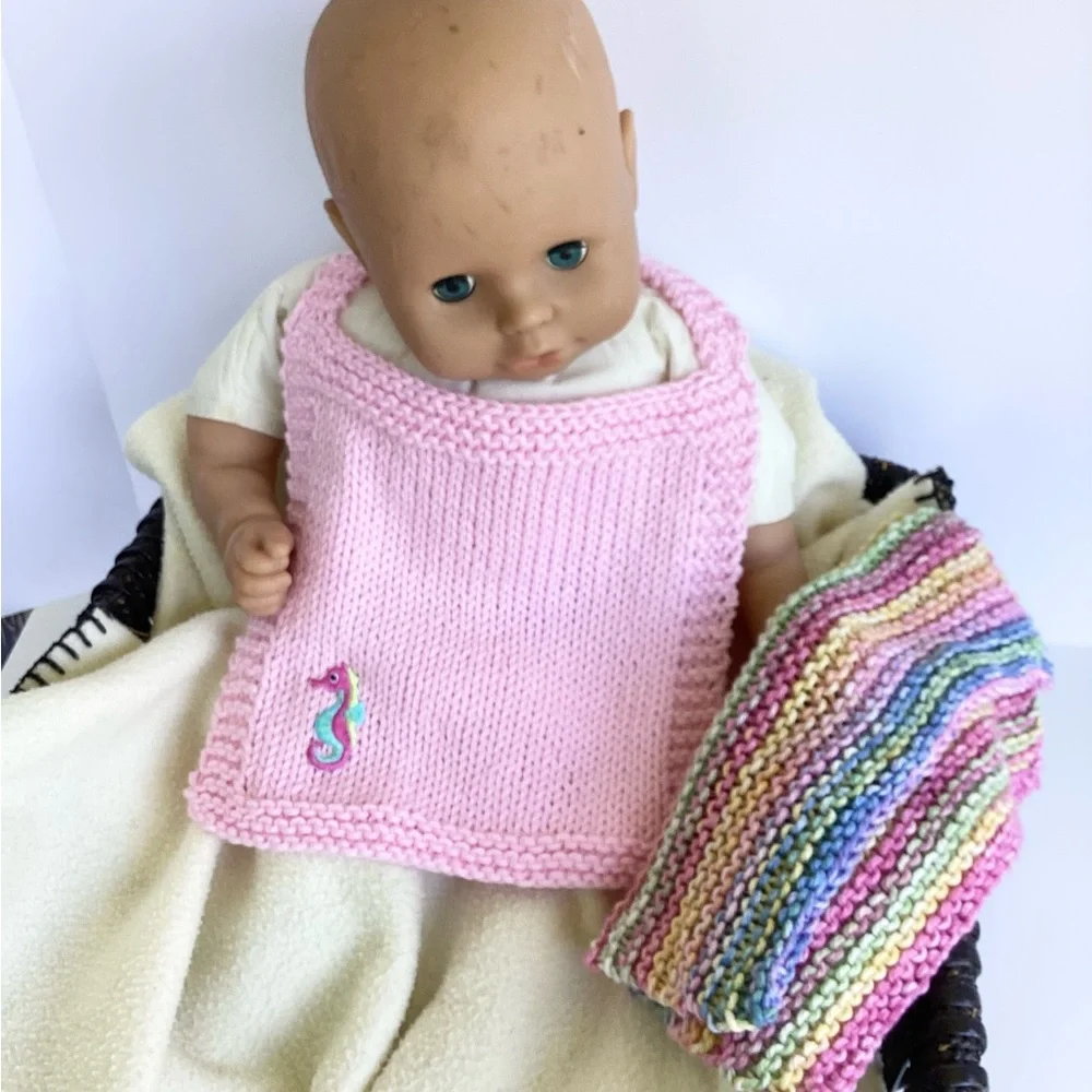 Baby Bib Set Hand Crafted Pink Knit Cotton Seahorse Colorful